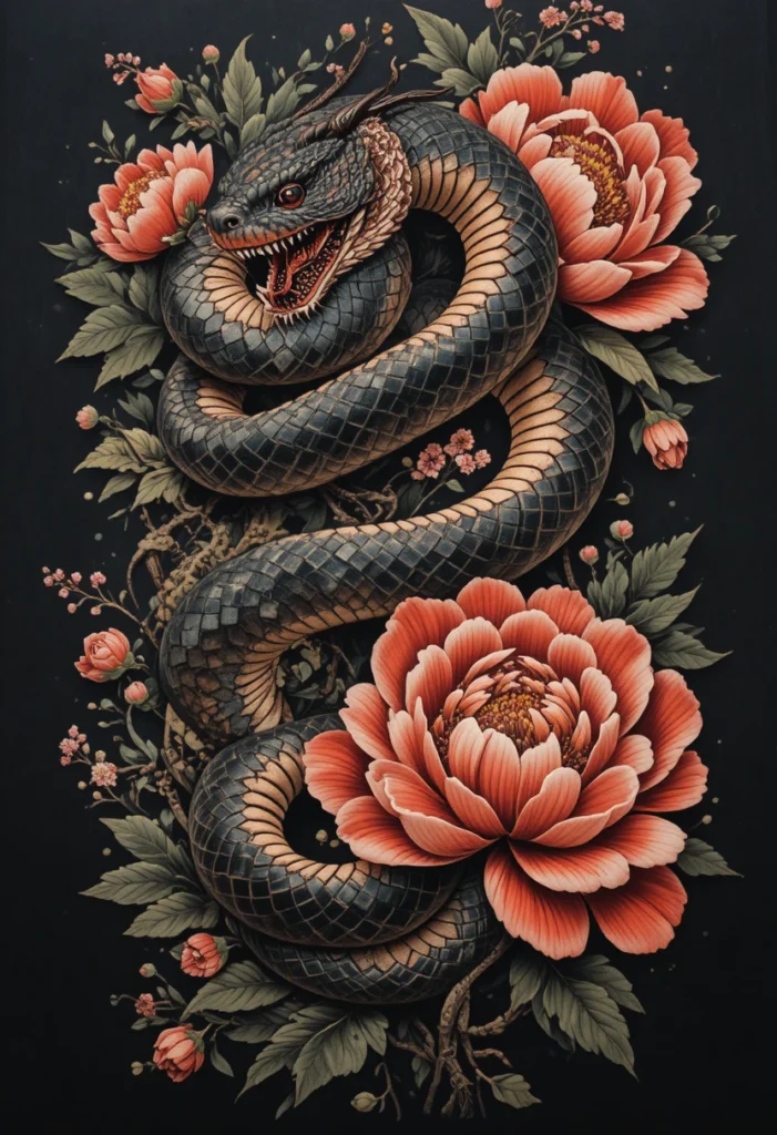 Snake Coiled with Peonies