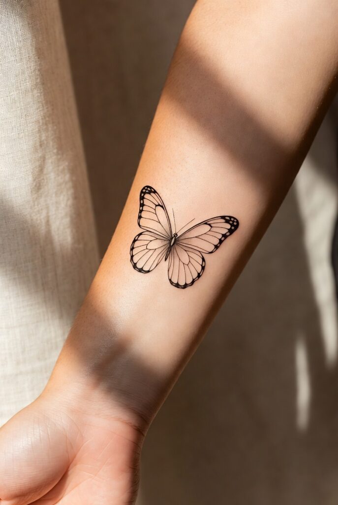 : Close-up of a stunning butterfly tattoo design showcasing 2025 styles including fine-line, watercolor, realistic, and geometric butterfly ink art