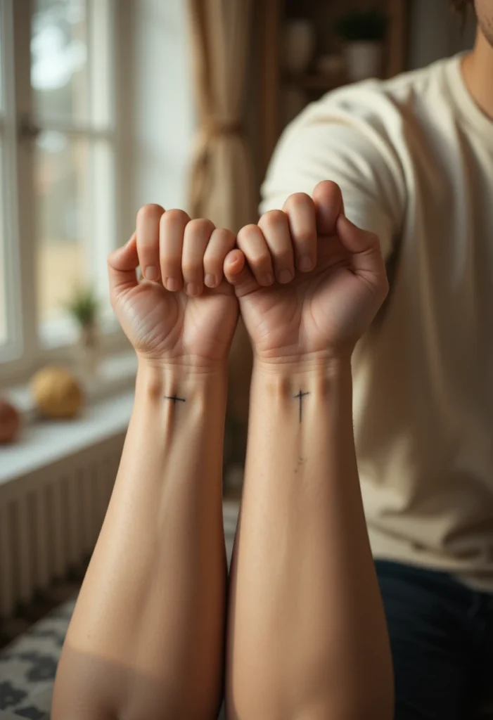 Close-up of matching sibling tattoos symbolizing meaningful bonds, from birth order numerals to shared birth flowers and constellations