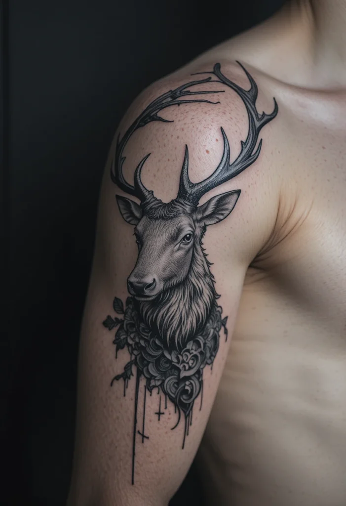 "Deer tattoo design featuring detailed antlers and fine-line artwork symbolizing strength, grace, and nature."