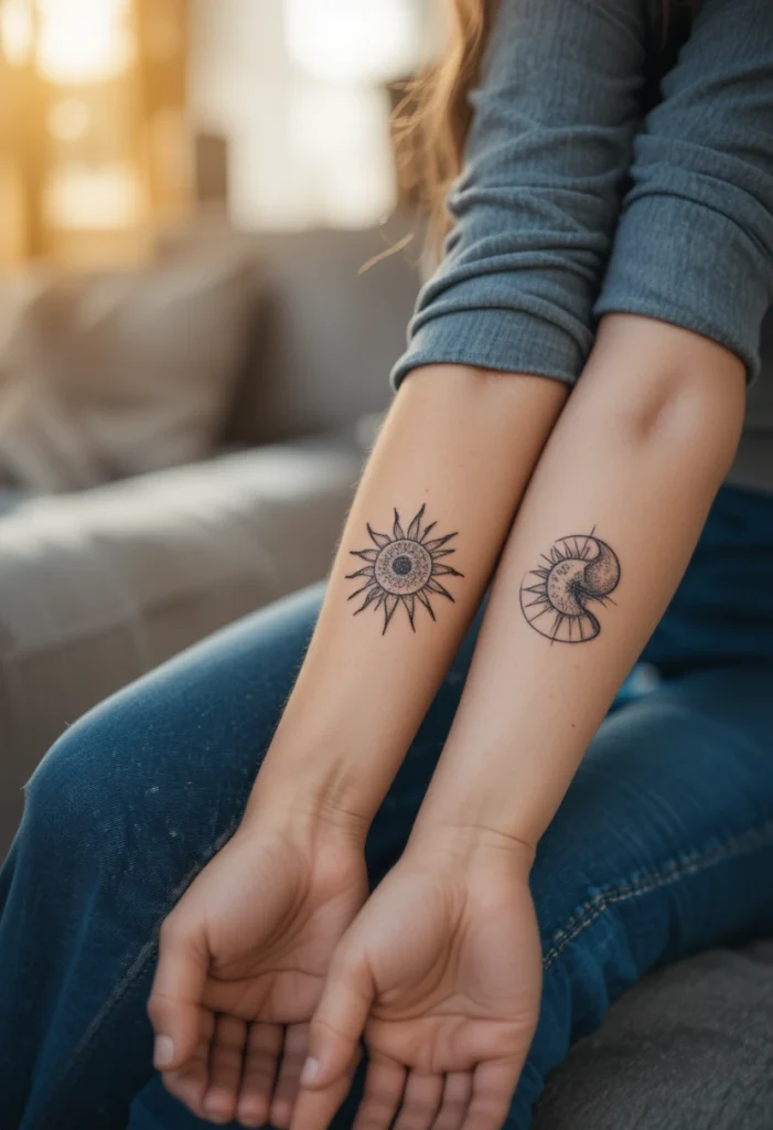 "Close-up of matching mother-daughter tattoos symbolizing an unbreakable bond, including sun and moon duos, infinity symbols, and shared birth flowers