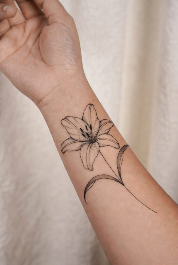 Elegant fine line lily tattoo design showcasing floral tattoo ideas from '19 Lily Tattoo Designs That Prove This Flower Deserves More Ink'