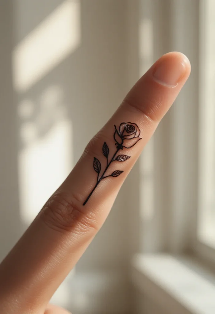 Close-up of small finger tattoos for women, featuring designs like a fine-line rose, crescent moon, evil eye, and tiny heart