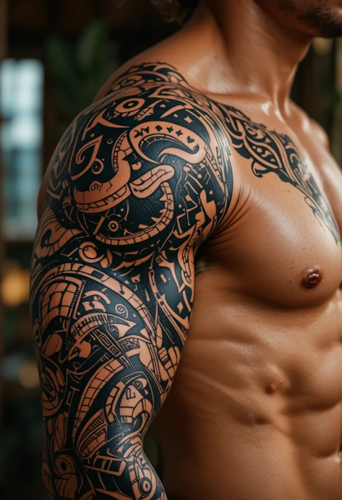 Tribal tattoo designs with cultural meaning, including Polynesian, Maori, and Aztec-inspired arm and leg tattoos