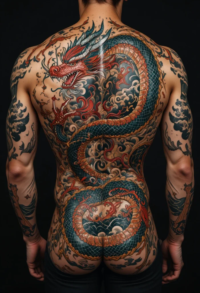 Traditional Japanese Irezumi tattoo featuring a full-back dragon design with bold black and red shading"
