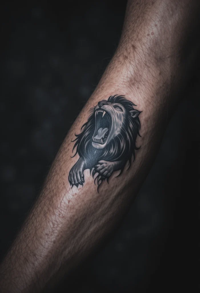 20 Bold black-and-grey tattoo designs for men featuring lions, phoenixes, and geometric patterns symbolizing strength and meaning in 2025.