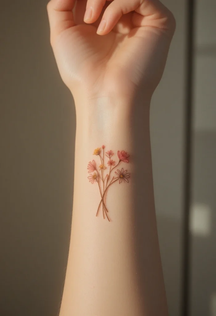 Delicate fine-line feminine tattoo designs including floral, moon, and script styles on a woman's arm, showcasing meaningful and elegant small tattoo ideas.