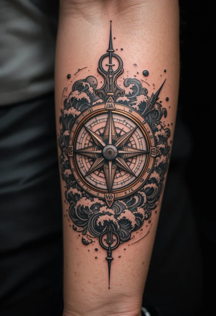 Compass Surrounded by Waves