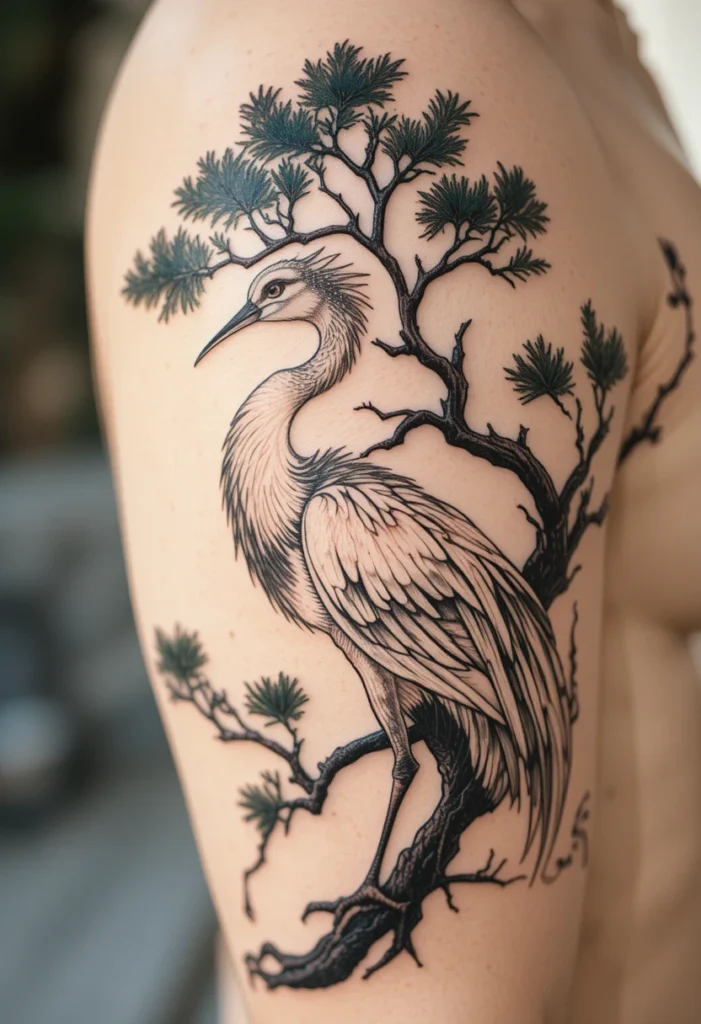Crane and Pine Tree Composition