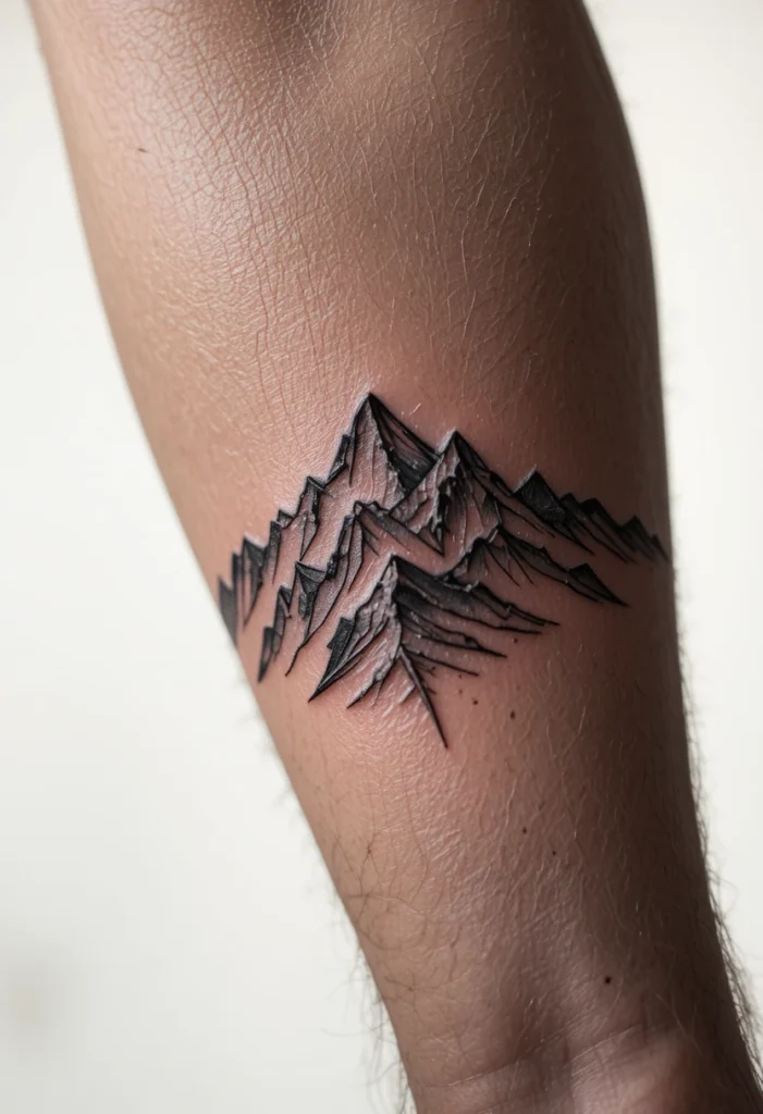 Mountain tattoo designs showing geometric, Japanese-style, and blackwork mountain range ideas with placement inspiration for forearm and sleeve tattoos
