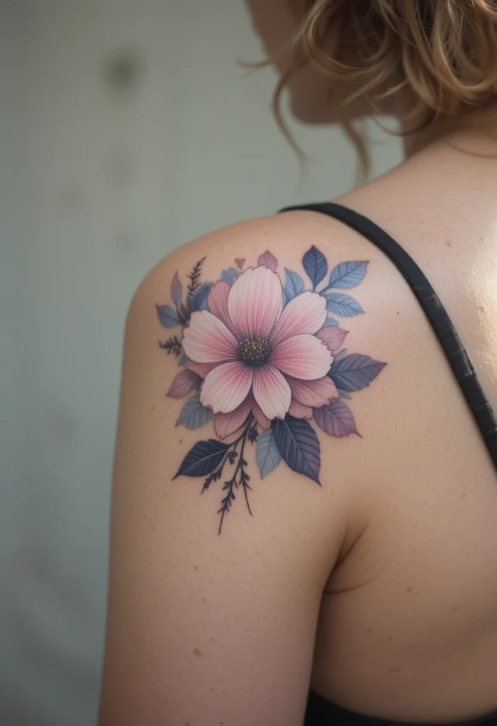 A Watercolor-Style Floral on the Shoulder Blade