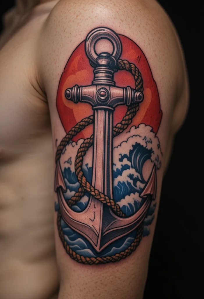 Traditional Anchor With Waves