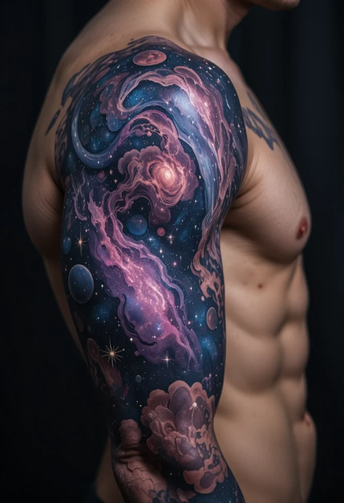 "Space tattoo design featuring galaxy, planets, and stars inked in fine-line and watercolor style artwork."