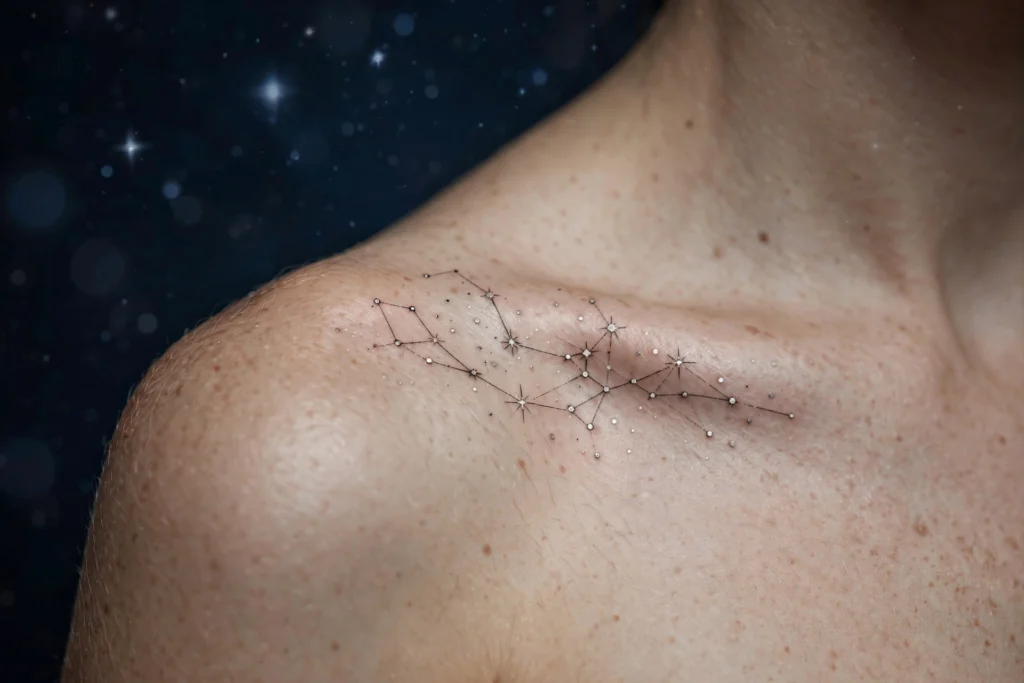 "Fine-line star constellation tattoo design inspired by the night sky, showcasing elegant celestial ink art on skin."