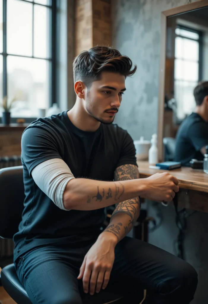 "Young man with a minimalist first tattoo on his forearm, showcasing simple and meaningful tattoo ideas for beginners."