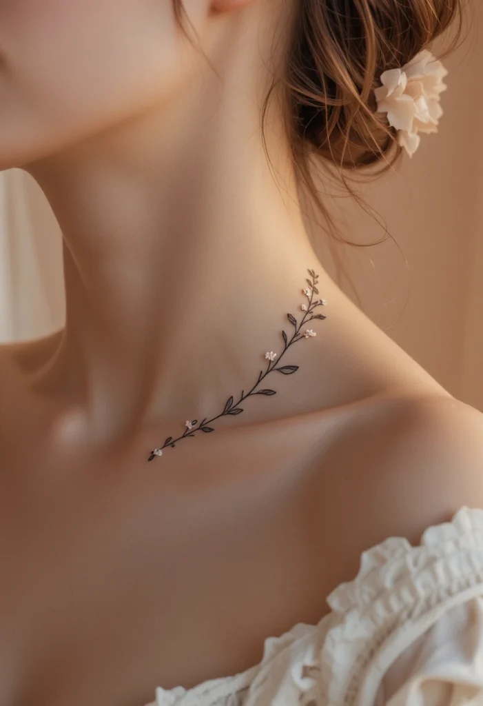 "Small collarbone tattoo ideas featuring fine-line florals, butterflies, moon phases, and minimalist designs for delicate body art inspiration."