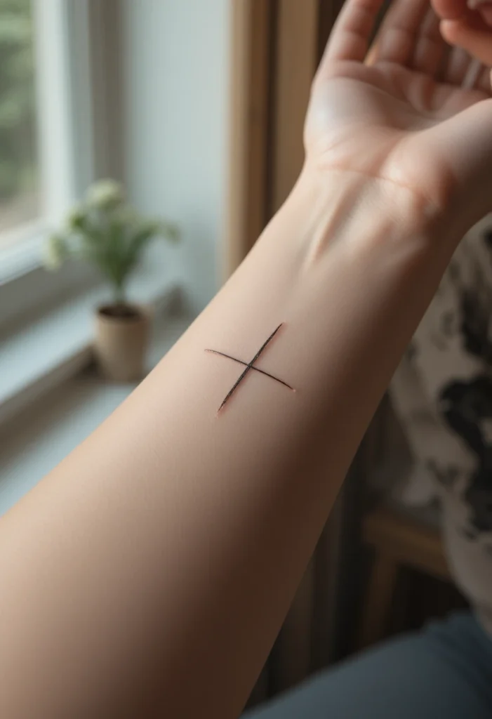 "Minimalist fine-line tattoo design on forearm, showcasing meaningful and stylish tattoo ideas for young adults."