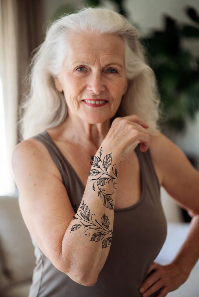 Confident older woman showing a delicate floral tattoo on her forearm, showcasing meaningful tattoo ideas for older women embracing ink later in life