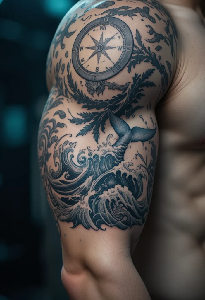 Black-and-grey ocean tattoo sleeve featuring waves, compass, and whale tail design inspiration"