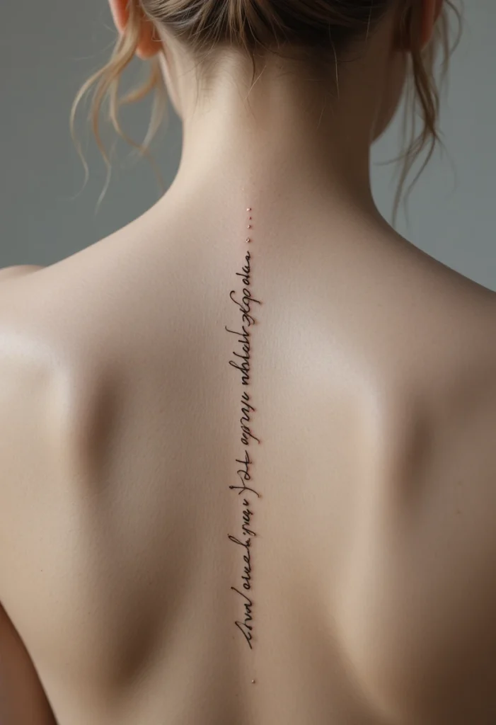 Fine-line spine tattoo design with floral vine and dotwork detail along the backbone