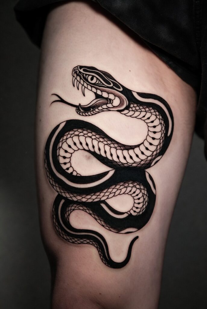 Traditional Japanese hebi snake tattoo with cherry blossoms, showcasing Japanese-style snake tattoo designs and their symbolic meanings