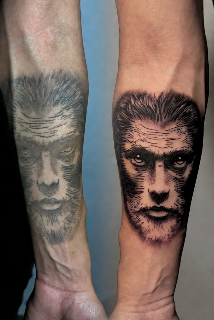 Before and after comparison of faded tattoo ink restored to vibrant color, illustrating how to fix tattoo color fading and revive faded ink