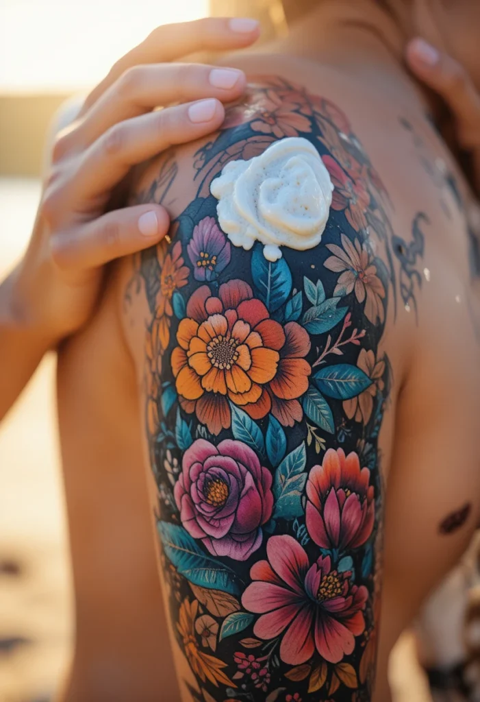 "Person applying broad-spectrum sunscreen to a vibrant colorful tattoo to protect ink from sun damage and fading