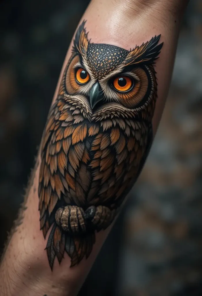 Owl With Bright, Layered Eyes