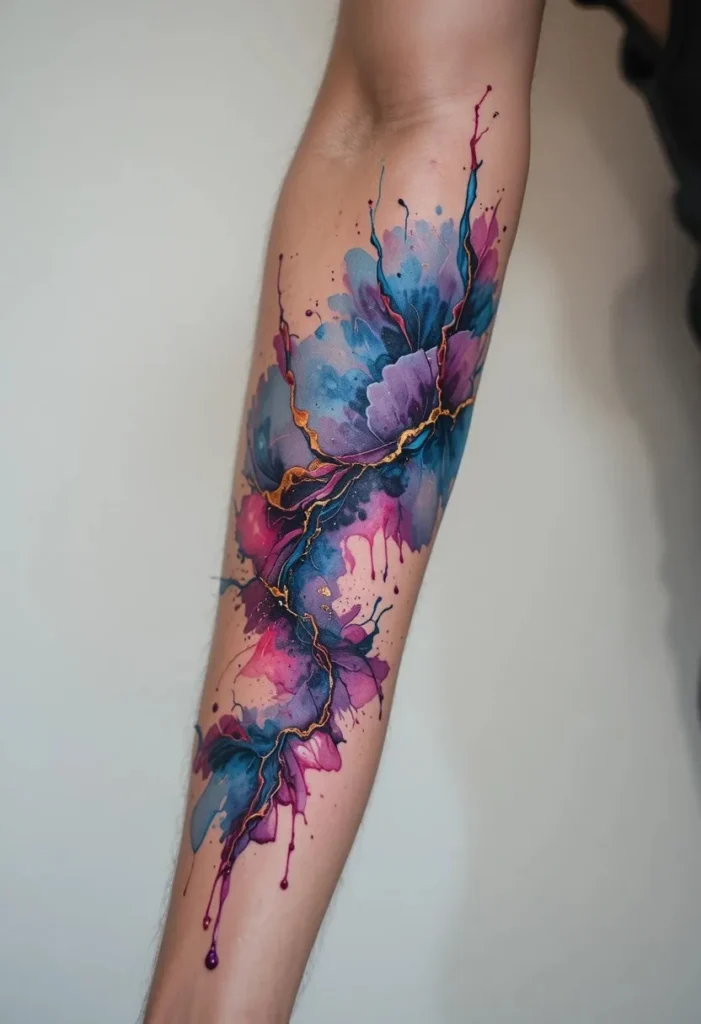 Watercolor sleeve tattoo idea showing vibrant wearable art design on arm, inspired by 17 stunning watercolor tattoo styles